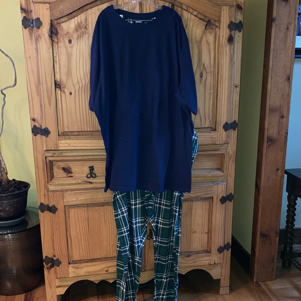 Men’s King Size blue green plaid 2 piece shirt pants pajamas set size 4XLT